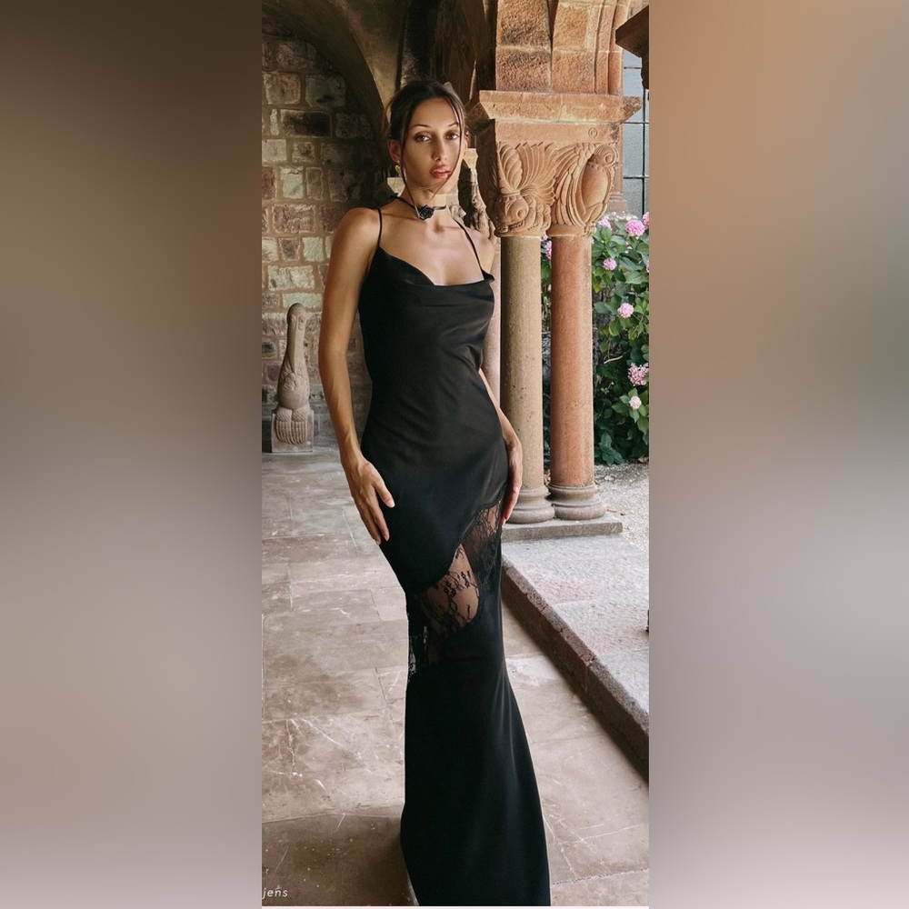 MESHKI Lace Detail Satin Maxi Dress - Black